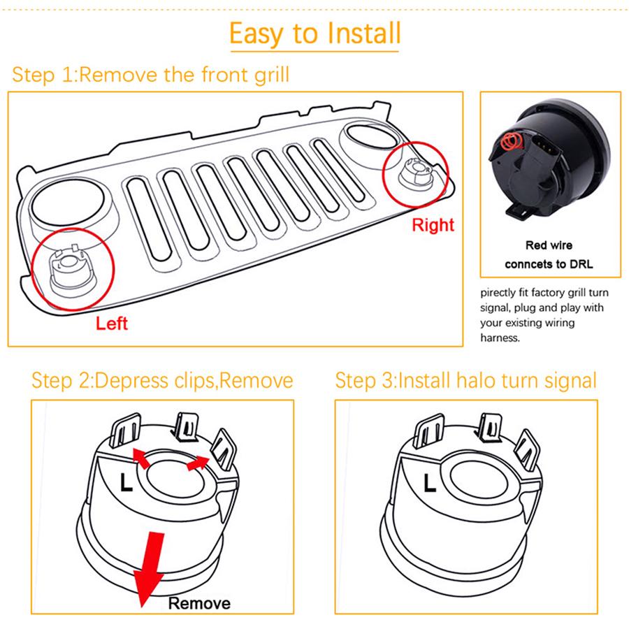 Pair LED Amber Grill Turn Signal Light for Jeep Wrangler JK 07-18 Halo Ring Angel Eye DRL Smoke Lens