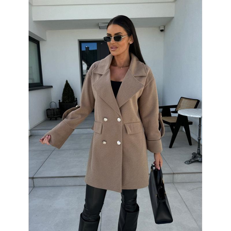 Women's European and American Solid Color Woolen Overcoat with Suit Collar
