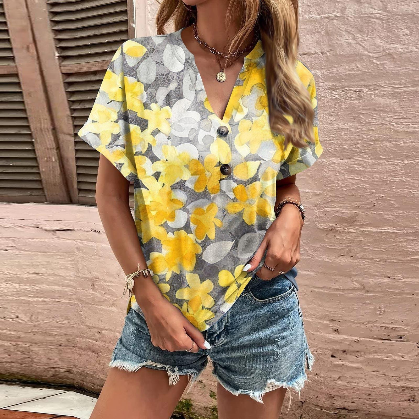 

Модные женские свободные летние простые повседневные топы с V-образным вырезом и пуговицами с короткими рукавами XXL жёлтый