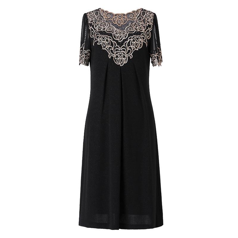 2024 Summer Chiffon Embroidered Dress: Mid-Length, Solid Color, Short-Sleeved, A-Line for Middle-Aged Women