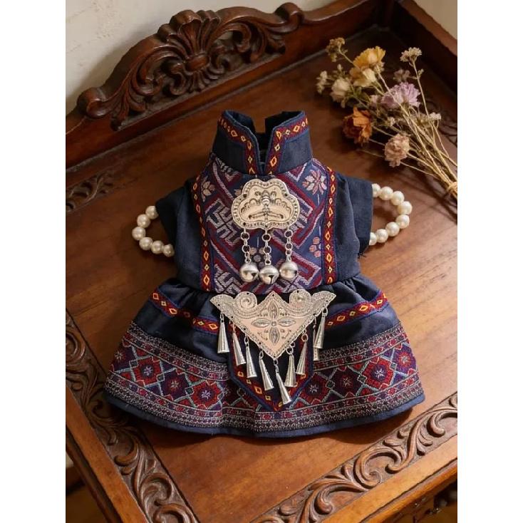 Chinese Ethnic Pet Dress Silver Ornament Clothes Small Medium Dogs Teddy Puppy Embroidery Cat Outfit Oriental Pet Costum
