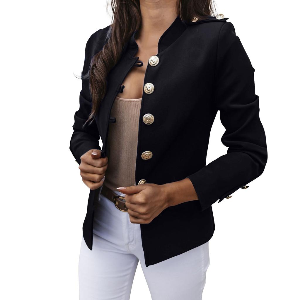 Chaqueta corta de traje pequeño de manga larga de color sólido informal para mujer