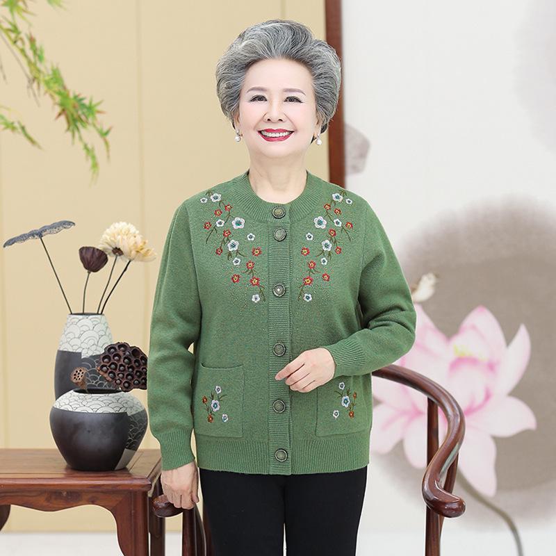 Embroidered Velvet-Enhanced Warm Cardigan for Women Aged 60-70