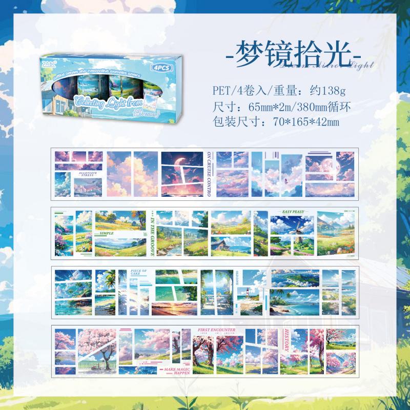 4 Rolls 6.5*200cm Beautiful Oil Painting Landscape Tape Set, Artistic Scenery Design, for Journal Decoration & DIY Crafts