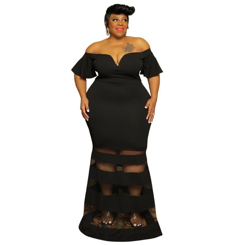 Plus Size Black Off Shoulder Ruffle Mesh Insert Bodycon Maxi Dress XL