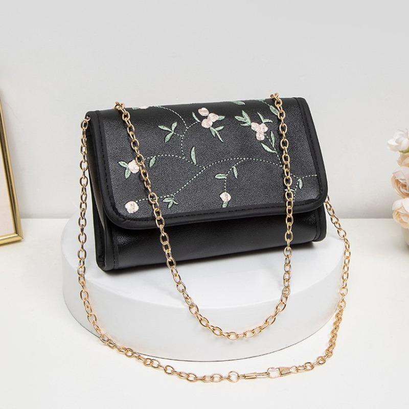 New sweet flower embroidered small square bag simple and fashionable women's chain messenger bag shoulder bag mobile phone bag