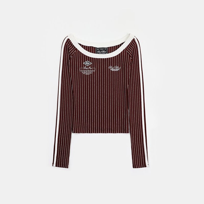 South korea Badblood American vintage Stripe T-shirt Women Pure Desire Slim fit Long sleeve Niche off-Shoulder Slimming Top