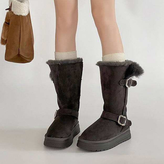 Design sense with skirt round head thick sole belt buckle Martin boots winter fashion retro velvet warm flat bottom snow boots