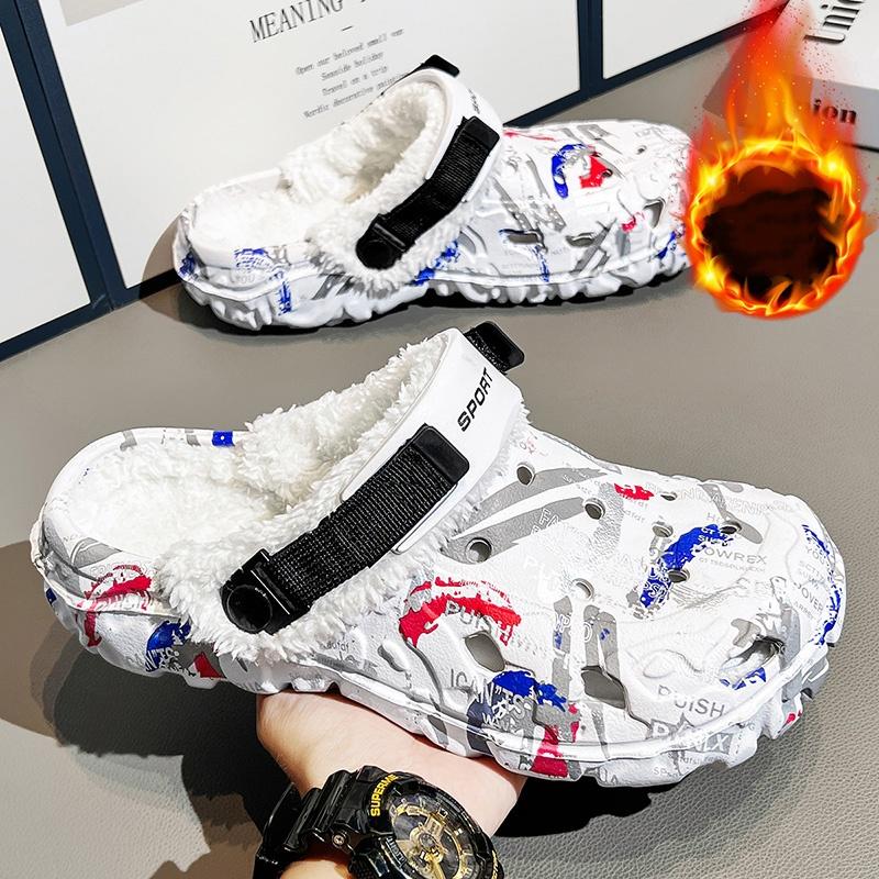 Herbst und Winter Herren Baumwoll-Schlupfschuhe mit Fleecefutter für draußen, Geschlossene warme Sandalenschuhe, Tägliche Schlupfschuhe