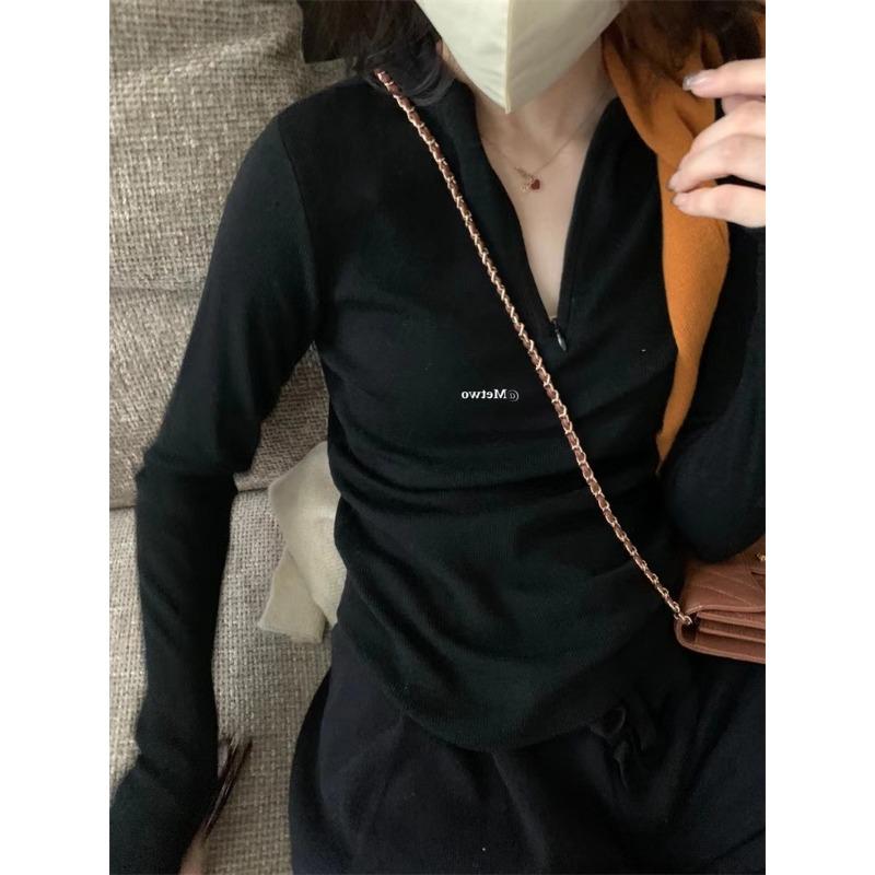 Half-zipper hooded bottomed knitted sweater for women's autumn and winter, long-sleeved sweater and slim-fit top