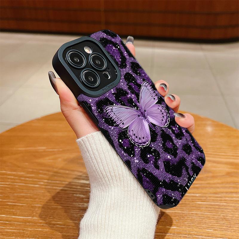Vertical Grain Leather Shell Butterfly Printed Patterned Shockproof Soft Silicone Case with Camera Lens Full Protection for iPhone