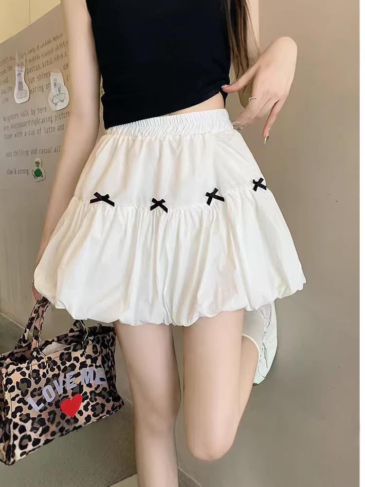 Elastic Bow High Waist White Tulip Mini Skirt - Slimming, Versatile, Sweet A-line for Spring/Summer