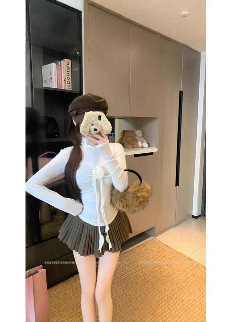 Sweet Style 3D Flower High Neck Long Sleeve Women's Slimming Top - Autumn/Winter