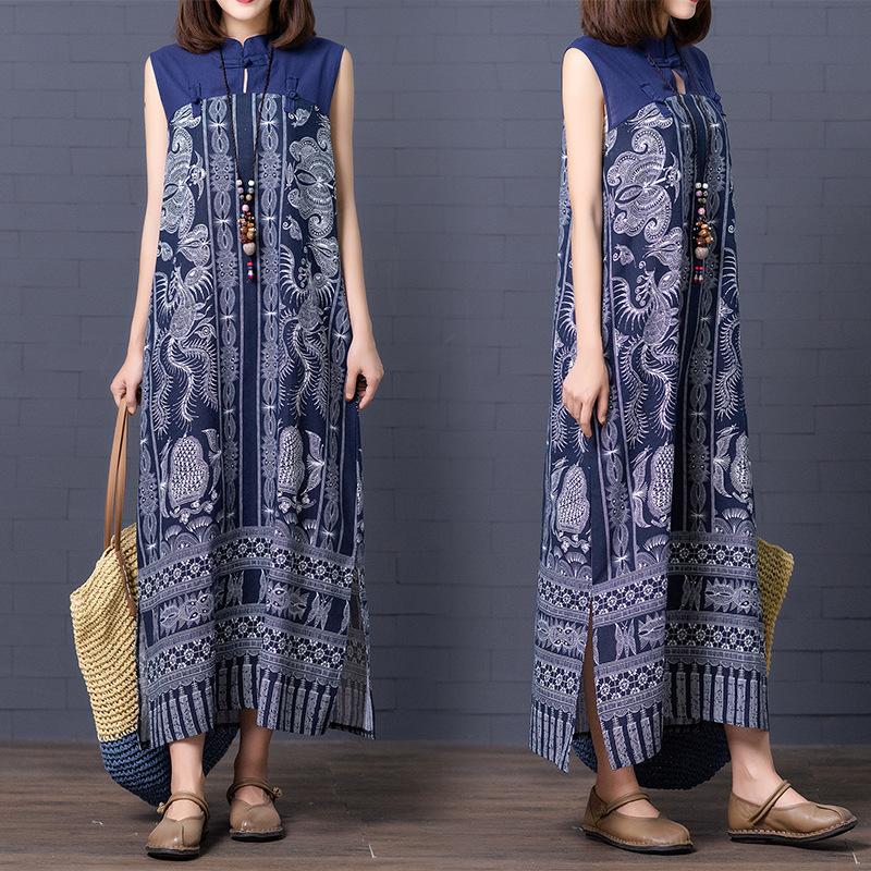 Real summer new ethnic style printing cotton and linen loose buckle stand-up collar sleeveless dress women's medium and long