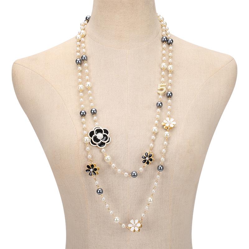 2023 Glass Pearl Double Layer Long Pendant Necklace for Women