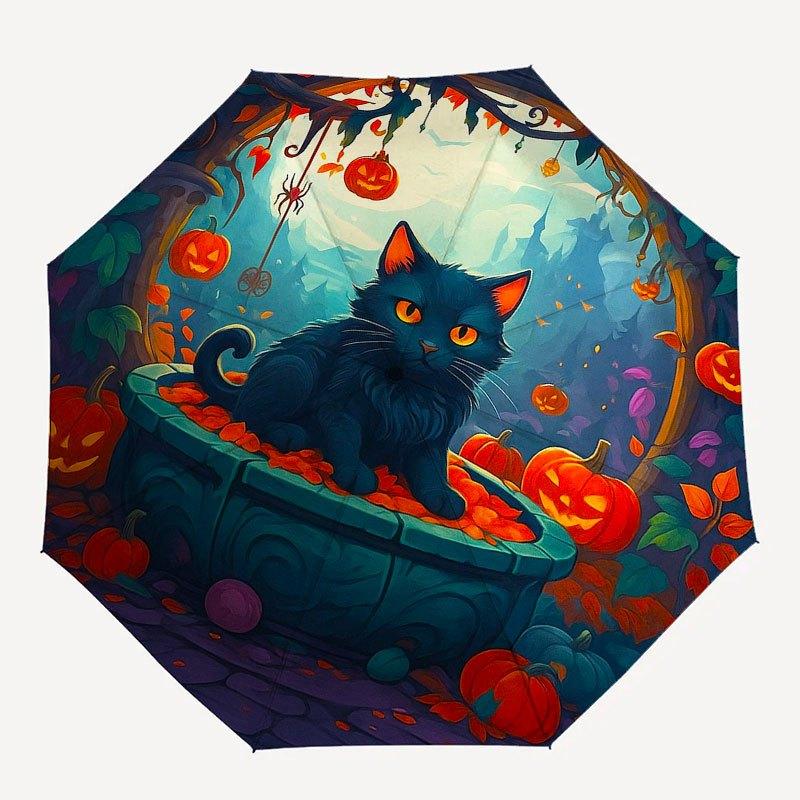 Halloween Black Cat with Pumpkins Round Rug Umbrella, Portable 3-Fold Compact Umbrella for Men & Women R145