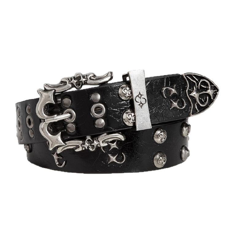 Женский ремень в готическом стиле с шипами, двухрядный, с отверстиями, поясная лента, надежная нескользящая застежка, модный аксессуар из ПУ кожи 1 чёрный