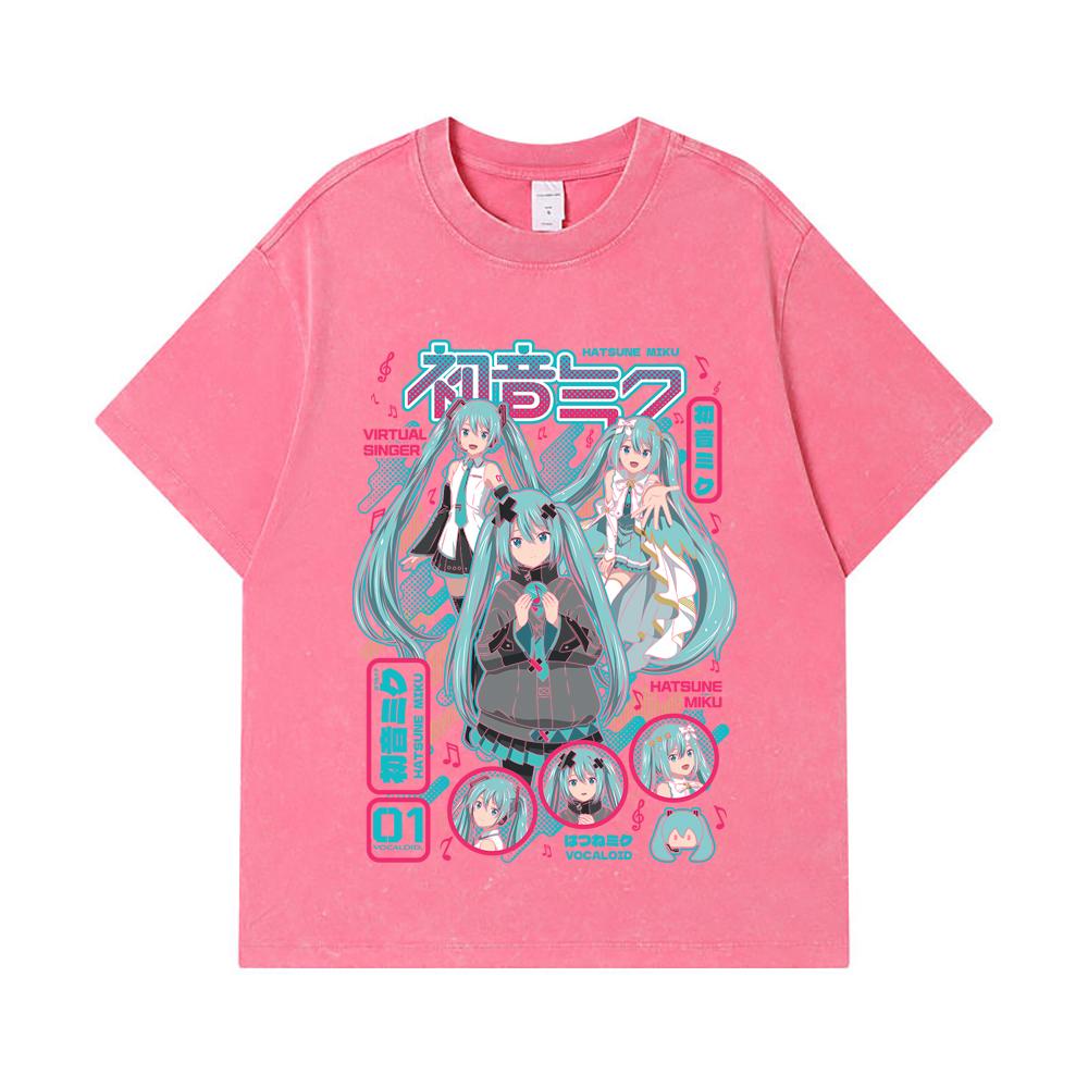 275 GSM Washed T-shirts 100% Cotton Vocaloid V1 Hatsune Miku Print Unisex Heavy Cotton T Shirt