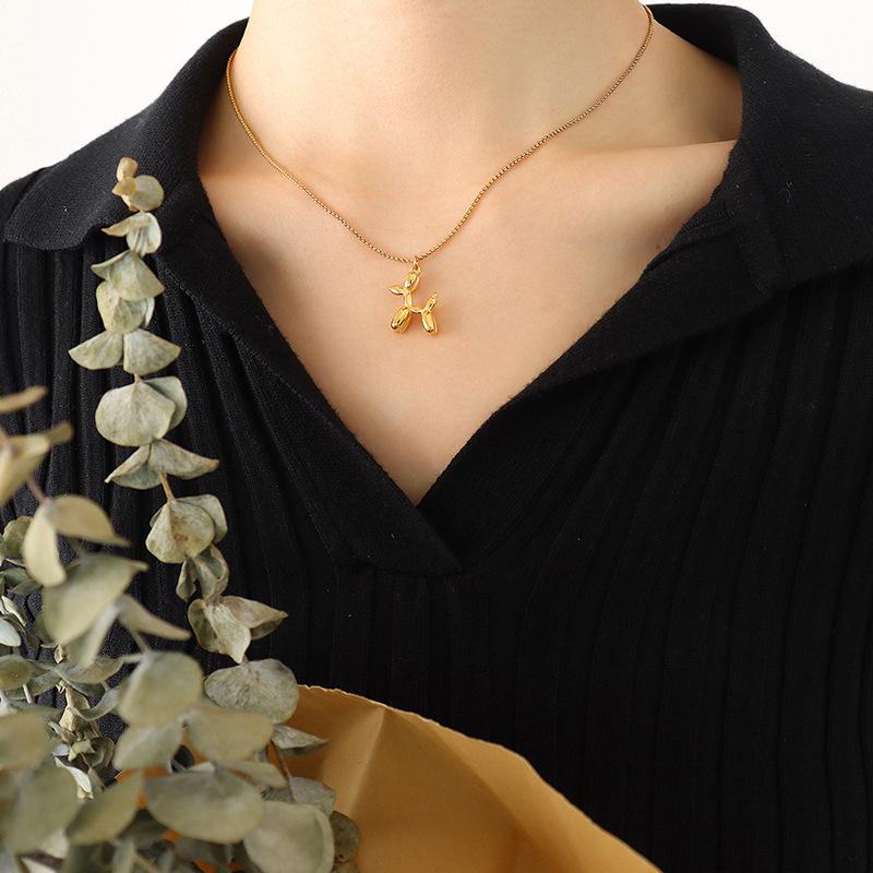 Cute Balloon Dog Clavicle Necklace & Earrings Set in Titanium Steel & 18K Gold