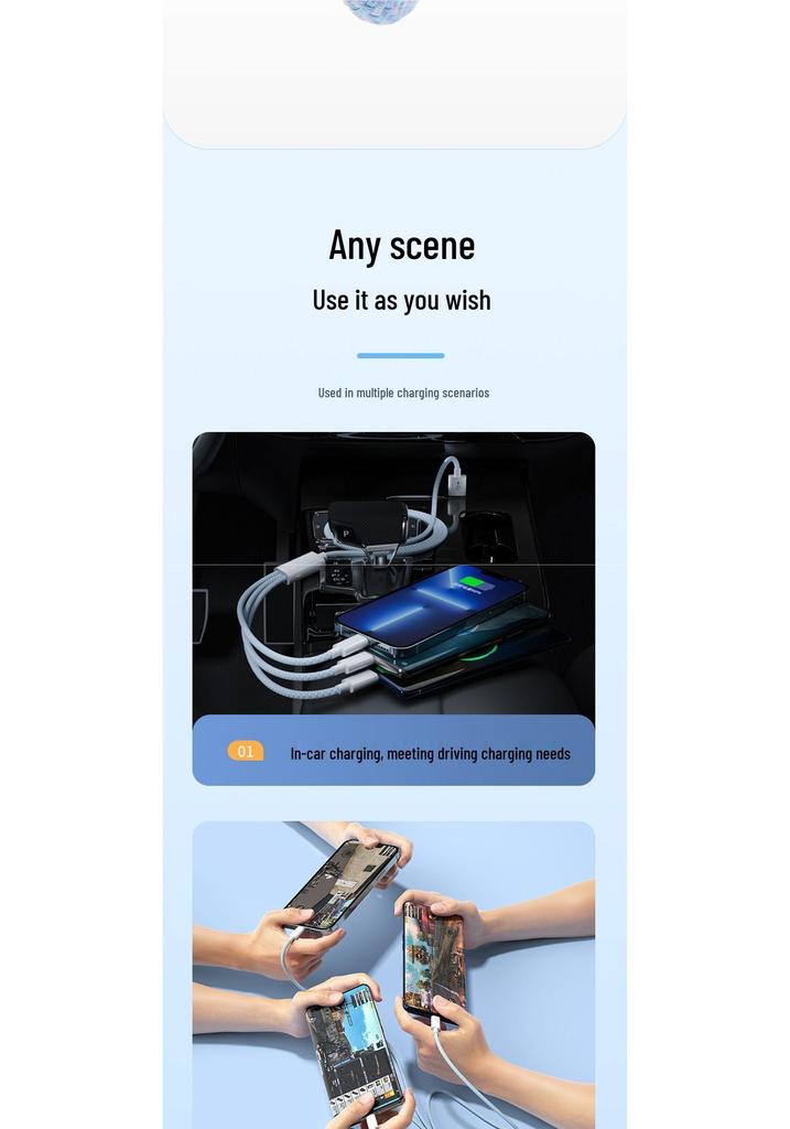 100W Fast Charging Multi-Head Cable: Compatible with Apple & Android
