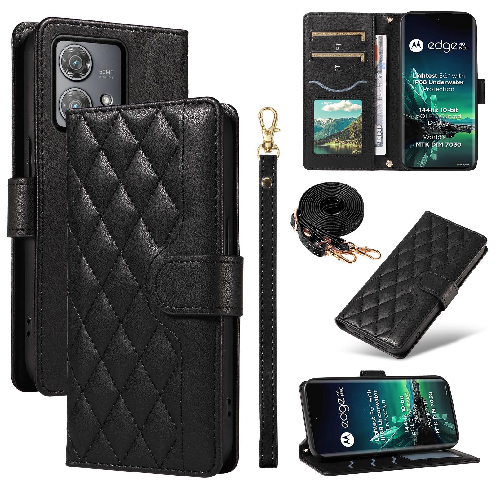 

For Motorola Edge 40 Neo 5G Case Wallet Rhombus Leather Phone Cover with Shoulder Strap,Wrist Strap Black