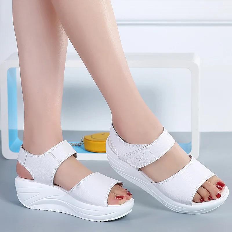 Fashion Women's Ladies Female Genuine Leather Shoes Platform Sandals High Heels Summer Cool Beach Flip Flop 2025