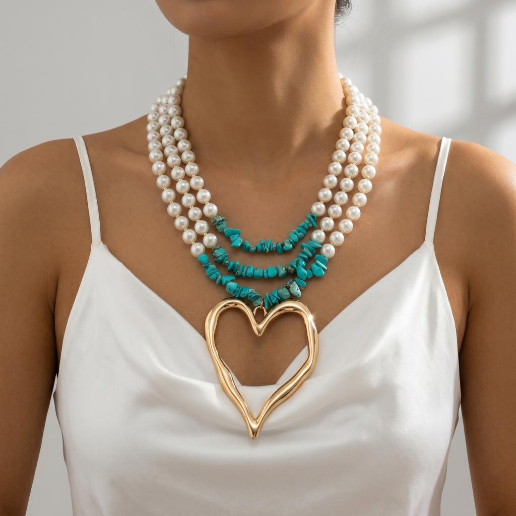 European and American Big Love Turquoise Necklace Women's Niche Beaded Imitation Pearl Collarbone Chain Retro High-end Necklace