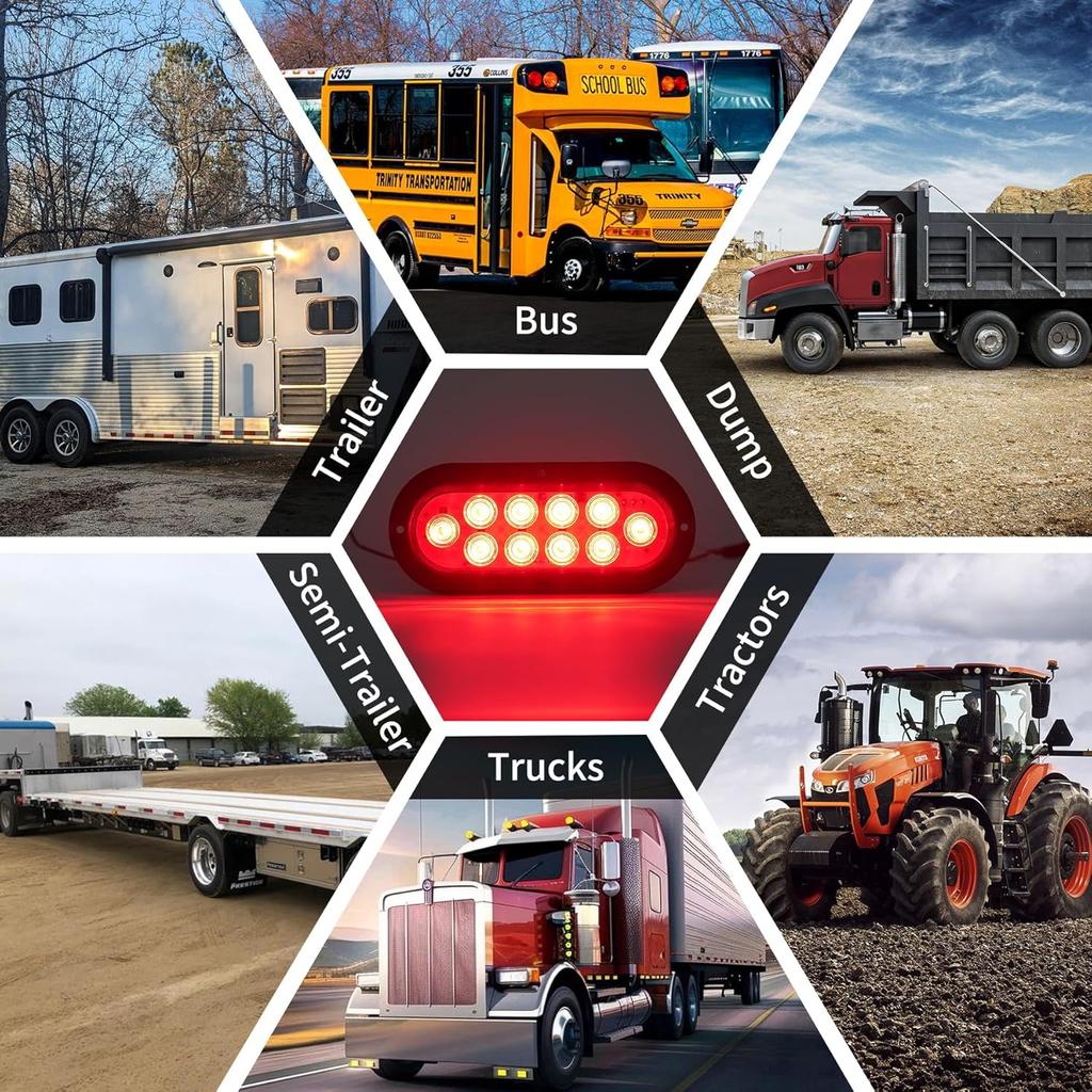 6 Inch Oval Red LED Trailer Tail Lights, 10 LEDs Surface Mount Stop Turn Brake Tail Lights, 12V DC Low High Brightness, Waterproof For Truck RV Boat