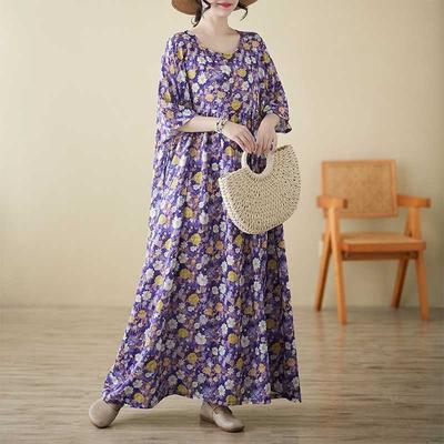 Boho Summer Maxi Dress for Women Round Neck Short Sleeve Flowy Cotton Linen Swing Dress