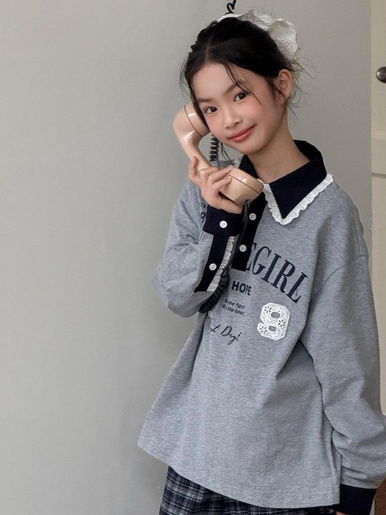 Girls' Heather Grey Long Sleeve Polo Shirt with Lace Collar - Autumn 2025 Collection