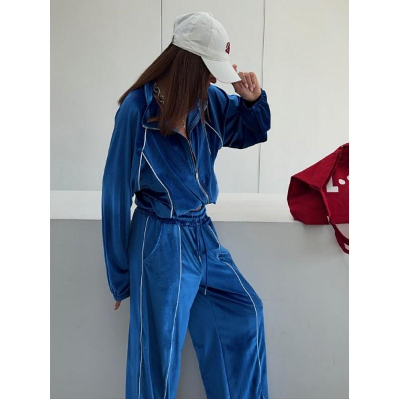 Womens 2026 Street Style Velvet Striped Knit Cardigan Pants Set Casual Sport Wear