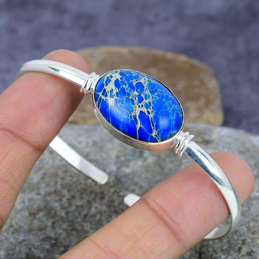 

Sea Sadement Jasper Gemstone Handmade 925 Sterling Silver Cuff Регулируемый свадебный подарок