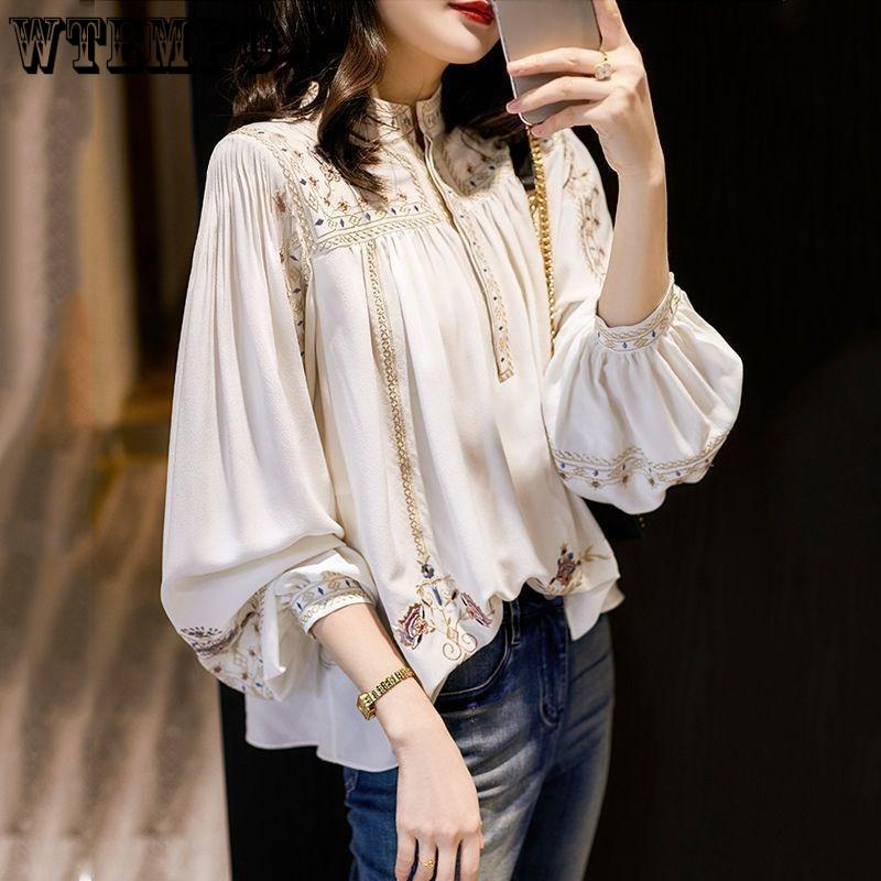 Printed Shirt for Women Spring and Autumn Stand Up Collar Bohemian Style Loose Shirt Top
