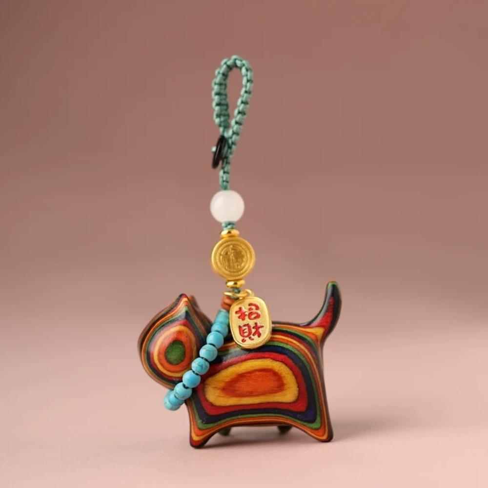 Woven Lanyard Lucky Cat Keychain Carved Sandalwood Fortune Cat Pendant Phone Attachment