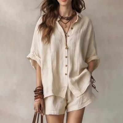 Women Summer Two Piece Outfit Casual Short Sleeve Button Down Shirt And Shorts Casual Lounge Sets with Pockets