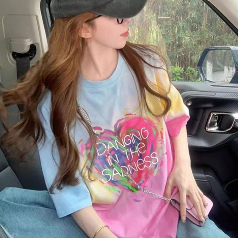 

Women s Contrasting Color T-shirt Round Neck Loose Letter Printed Ladies T-shirts Summer High Street Fashion Famale Pullover Top XXL
