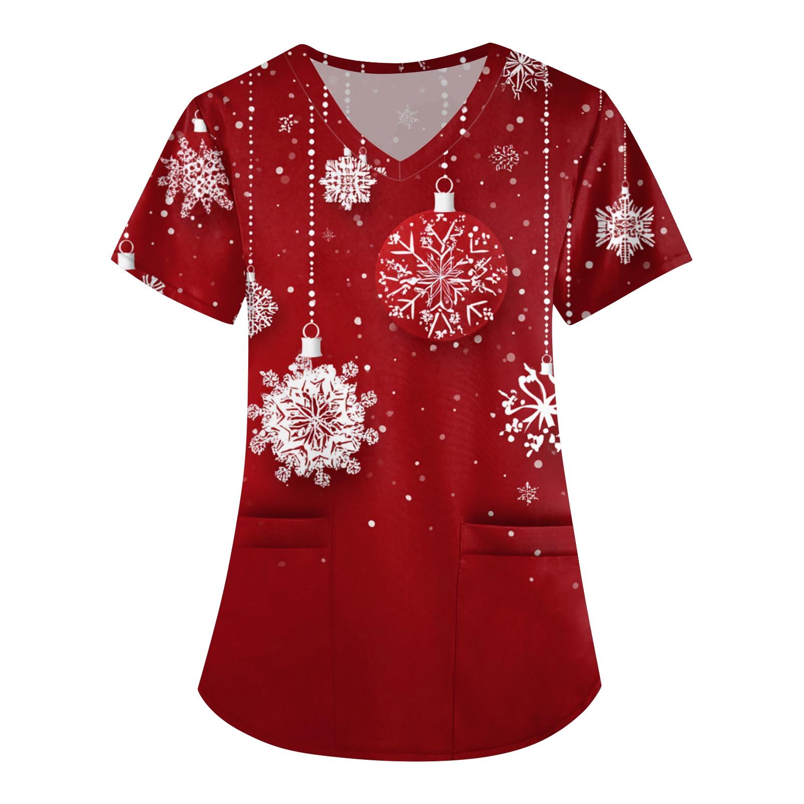 

Women s Printing Uniform Work Uniform V-neck Pockets Basic Short Sleeve Pullover Top XXXXXL червоний