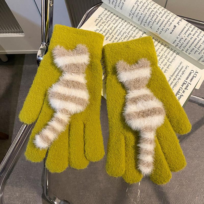 Cute Striped Cat with Knitted Wool Gloves for Women In Winter Thickened Warmth and Cold Protection for Students Cycling