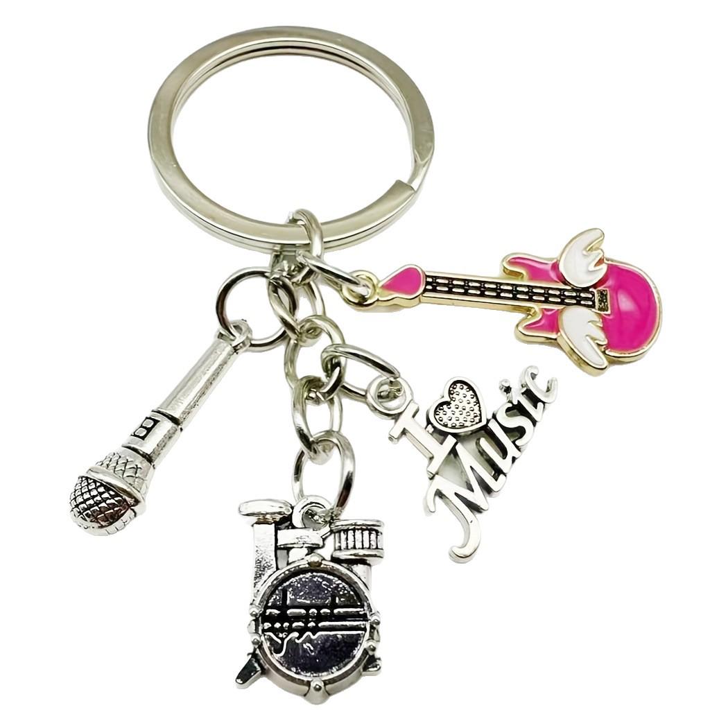 Music Lover Keychain: Drum Kit, Musical Notes & Microphone Pendant