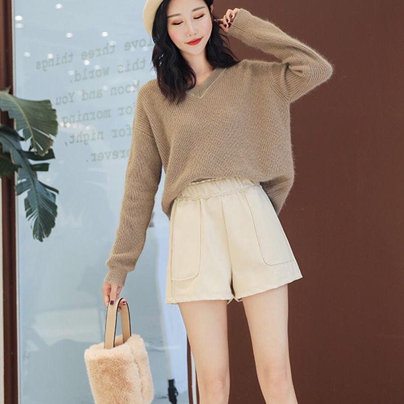 Women's High-Waist Wide-Leg Woolen Shorts - Versatile Winter Layering Pants for Plus Size