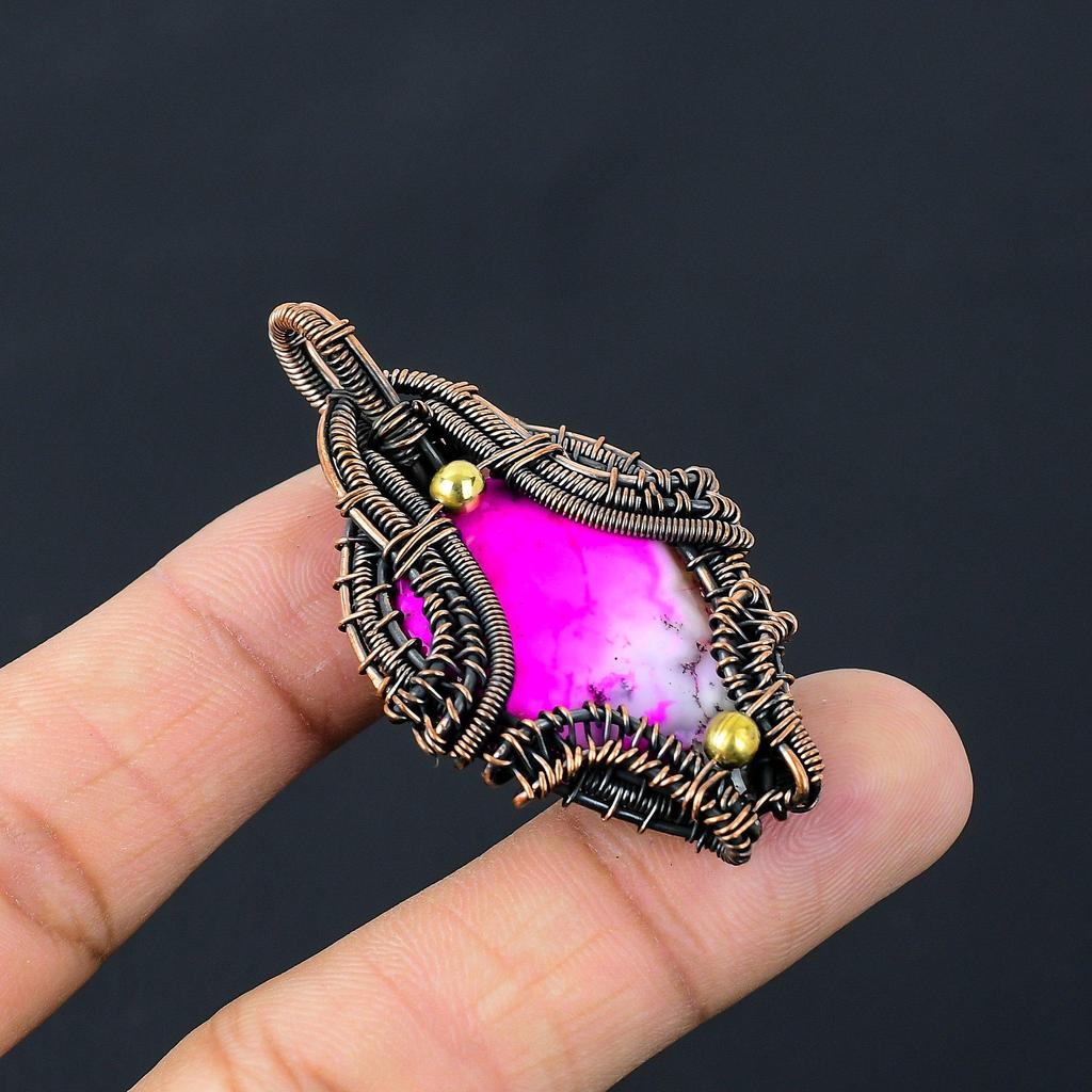 Gorgeous Pink Dendrite Opal Gemstone Jewelry Pure Copper Wire Wrapped Handmade Pendant