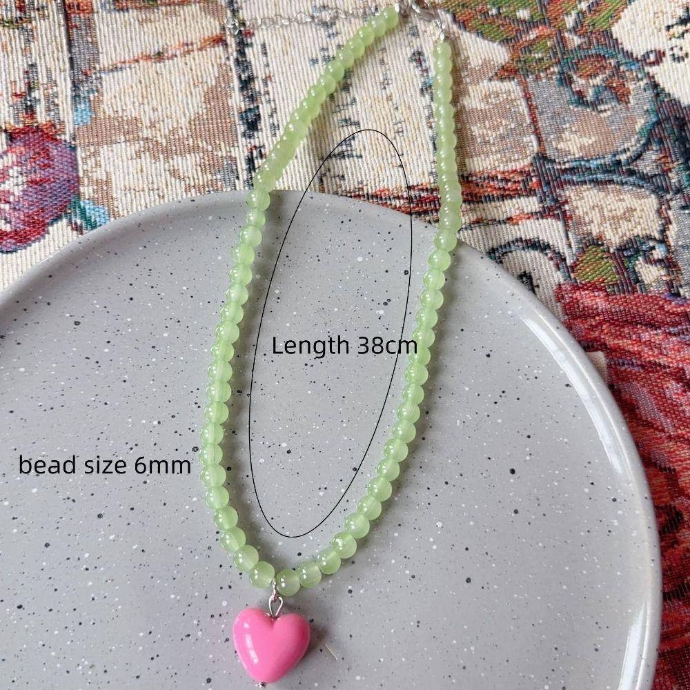 Candy Color Dopamine Heart Pendant Necklace Glass Beaded Beads Neck Chain Choker Necklace  For Girl