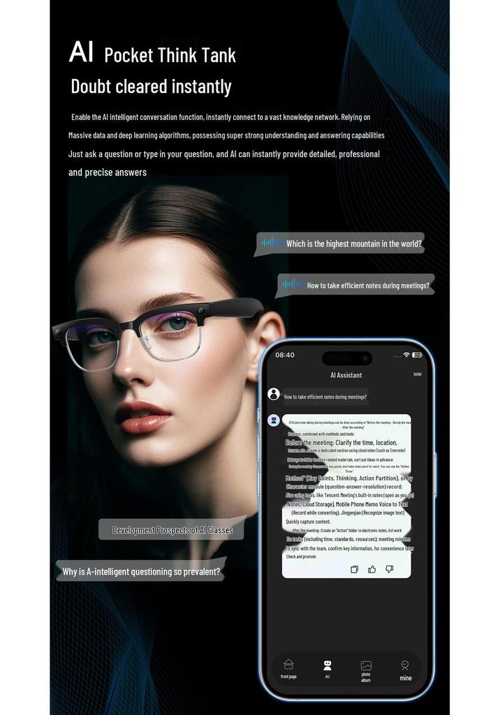 W630 Smart Glasses: 8MP Camera, Dual Mic, AI Object Recognition, HD Sound, Bluetooth.