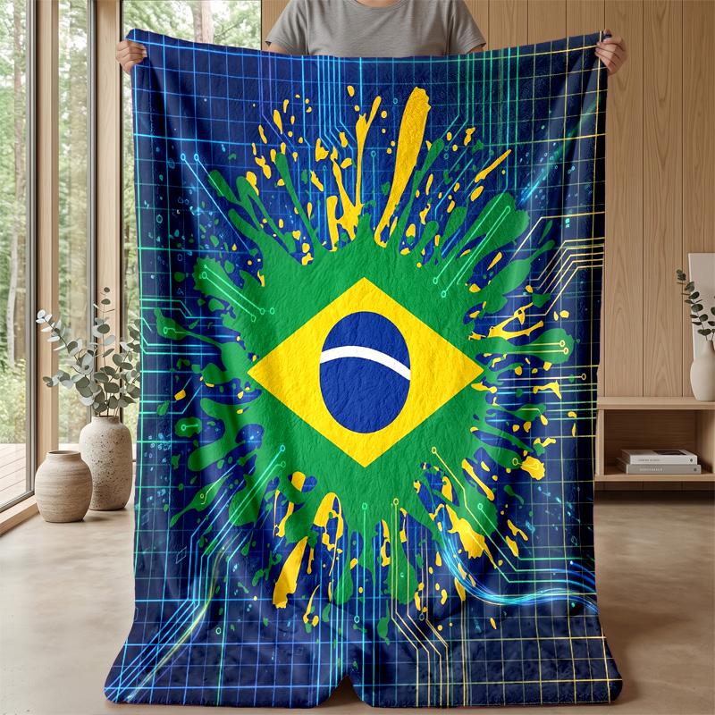 Brazil Football Printed Flannel Blanket Skin Friendly Warm Decorative Throw for Indoor Couch Bed Daily Use