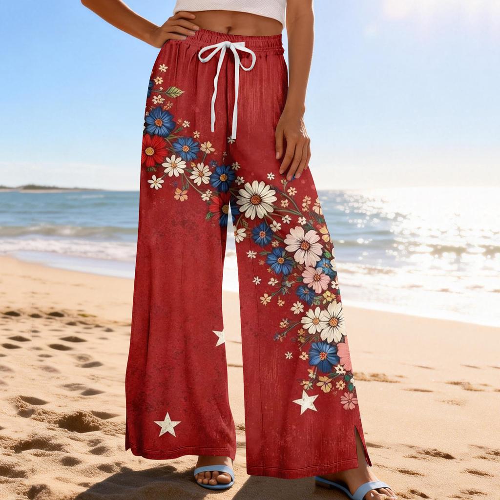 Dámské letní boho palazzo kalhoty s vysokým pasem a širokými nohavicemi, tisk, ležérní kalhoty s kapsami
