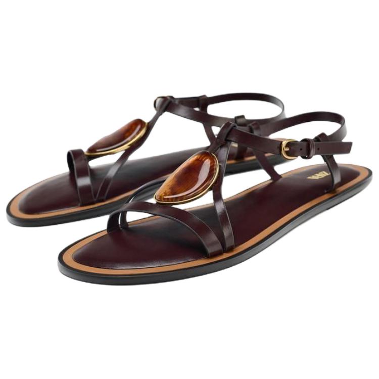 Zara Pu Fashion Buckle One Strap Sandals 1Cm Women Sandals Brown 2646610700