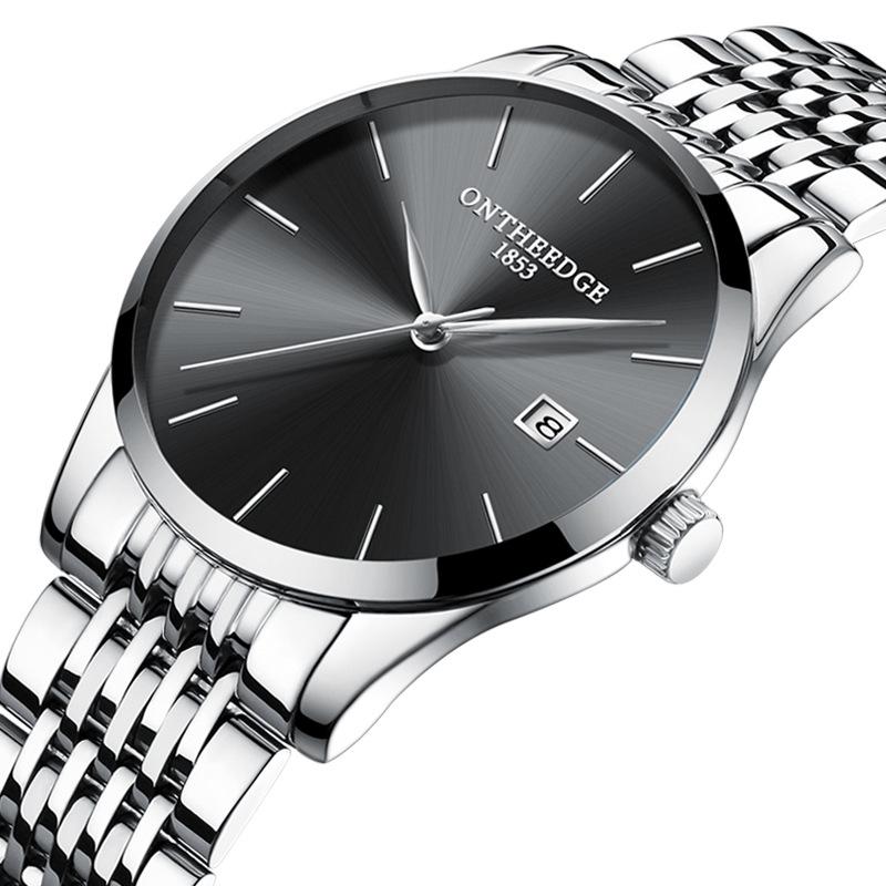 Men's Hong Kong-Style Ultra-Thin Quartz Wristwatch with Steel Band and Calendar
