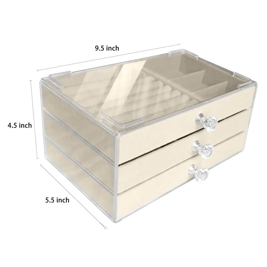 Organizzatore per gioielli in velluto acrilico con 3 cassetti impilabili, espositore per orecchini, collane e bracciali, custodia per donna.