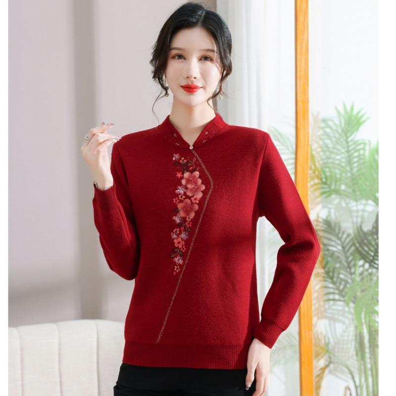 Hot Jacquard Wool Bottoming Sweater Autumn and Winter Clothing Middle-aged Mother Clothing Pure Wool Knitted Sweater