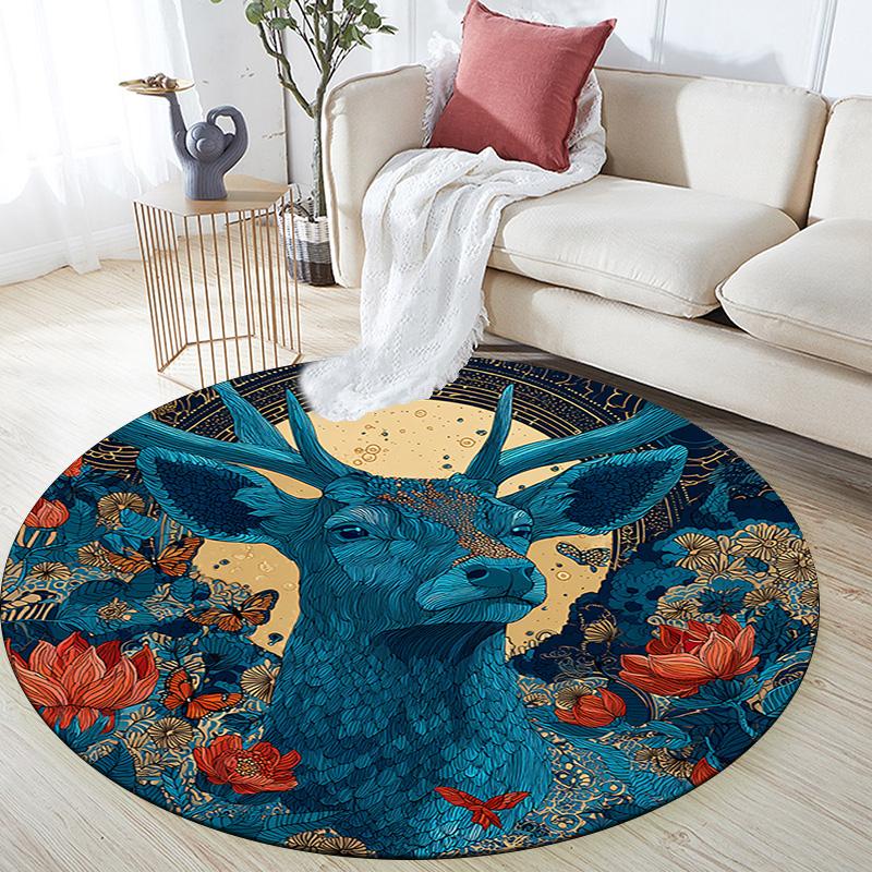 Deer Round Area Rug,Carpet Rug for Living Room Bedroom Sofa Playroom Decor,Non-slip Floor Mat